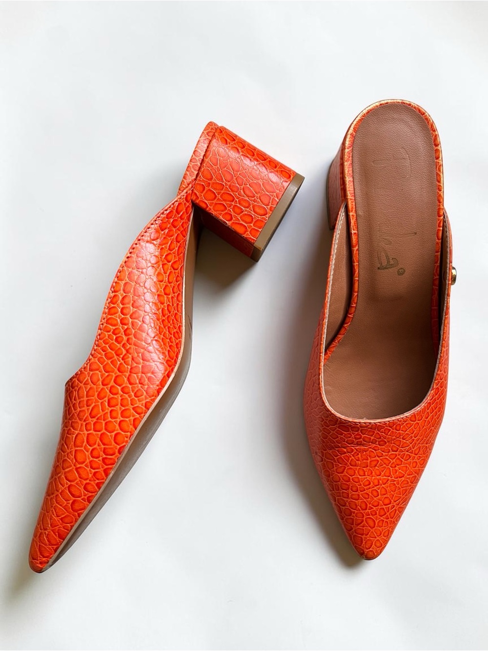 Orange Ruika Portugal Croc Embossed Pointed Toe Block Heel Mule 6 37